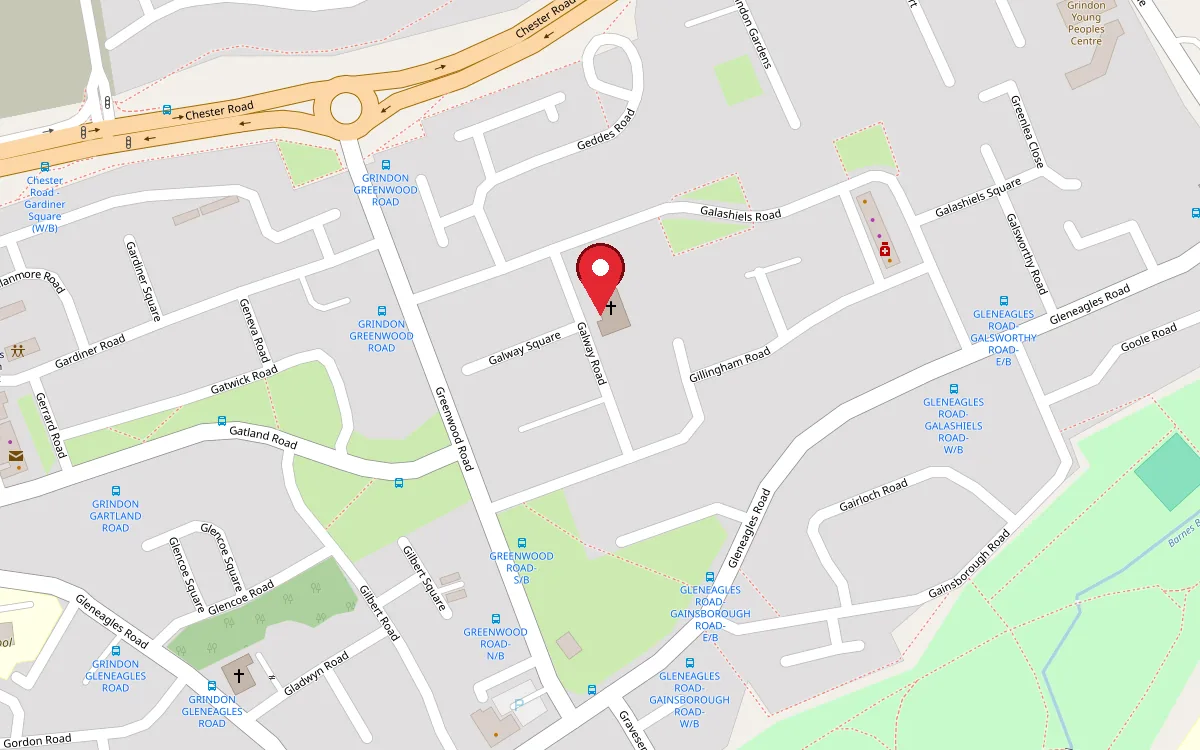Map of Grindon: the club is on Galway Road, off Galashiels Road, a short walk from the Greenwood Road bus stops and Chester Road.